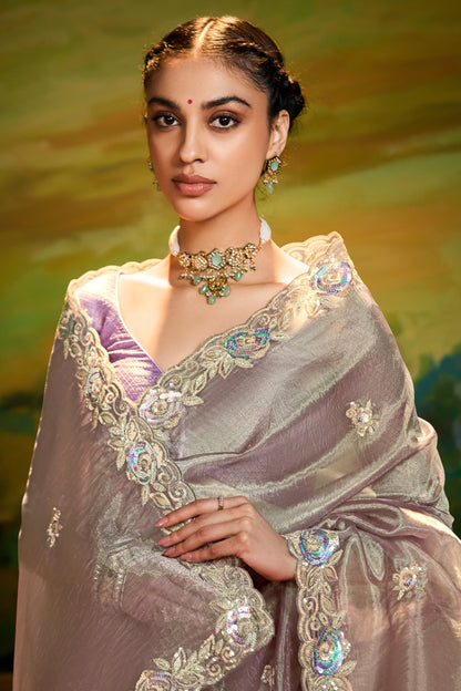 Lavender Grey Tissue Silk Saree with Sequin Border Work