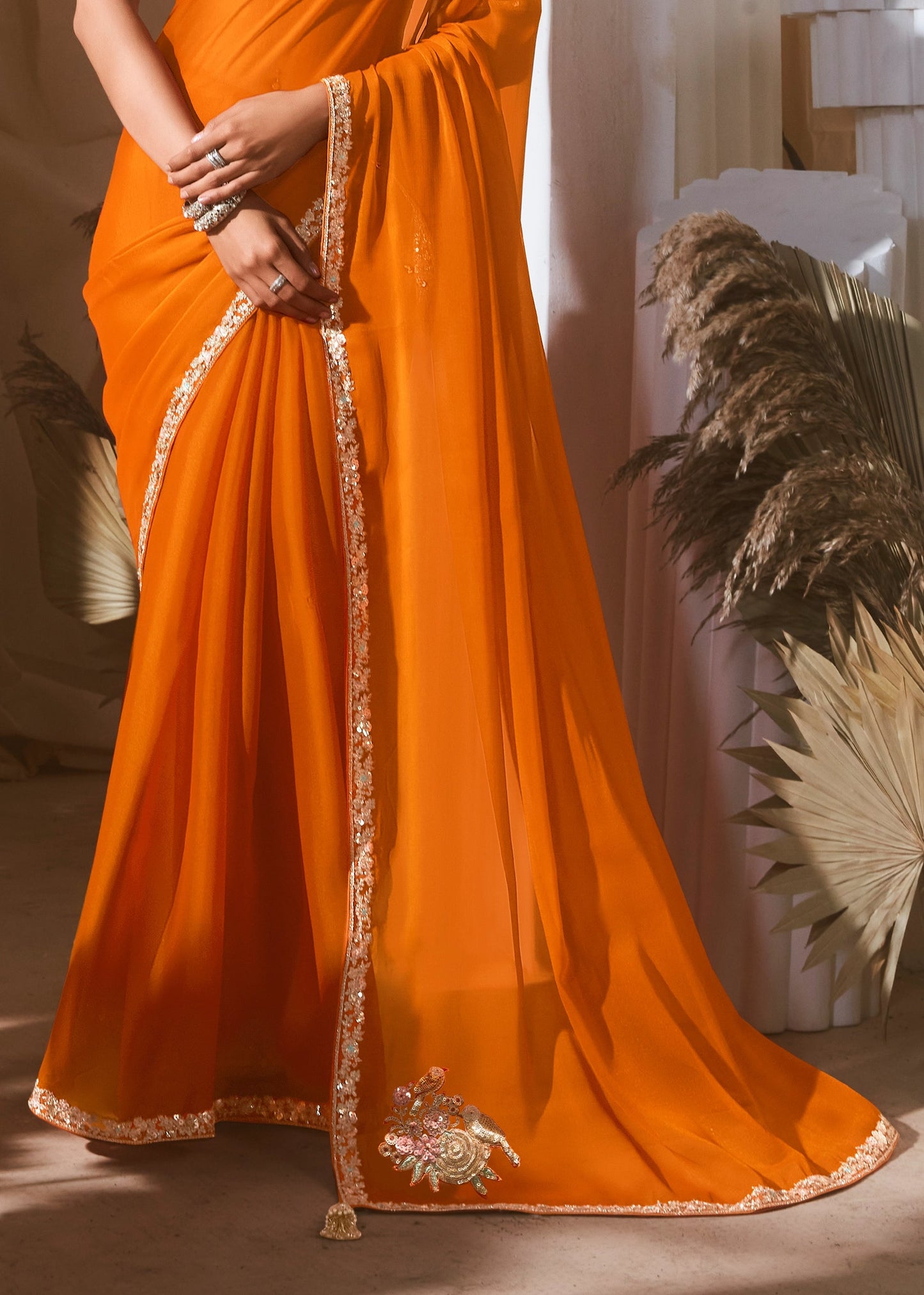 Peel Orange Soft Tissue Silk Designer Saree