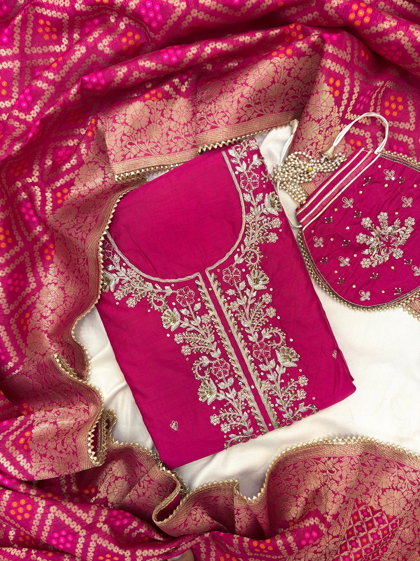 Beautiful Silk Zari Unstitch Suit Set with Potli Bag