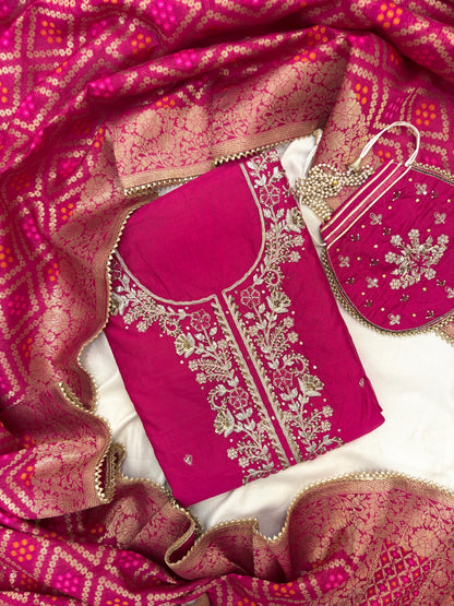 Beautiful Silk Zari Unstitch Suit Set with Potli Bag