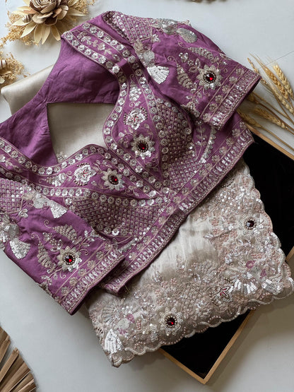 Cream Soft Tissue Silk Heavy Work Designer Saree