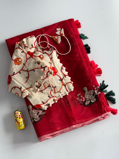 Chanderi Cotton Embroidered Saree with Readymade Blouse