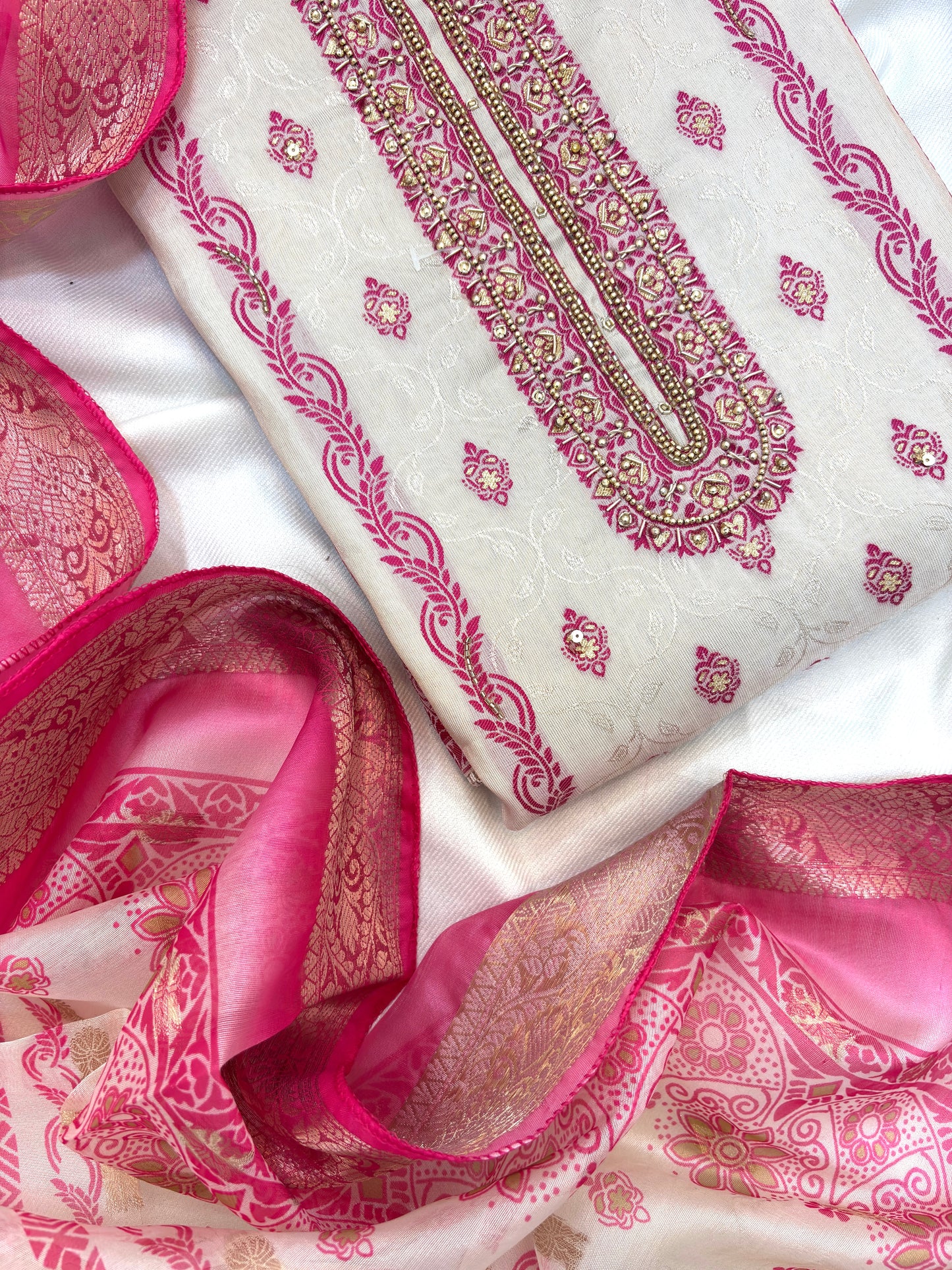 Cream Handwork Silk Unstitch Suit Set