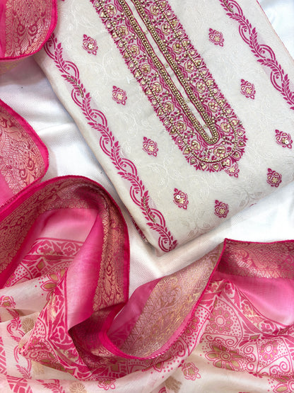 Cream Handwork Silk Unstitch Suit Set