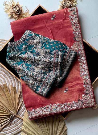 Peach Tissue Silk Designer Saree with Heavy Readymade Blouse