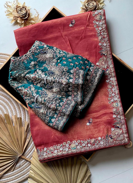 Peach Tissue Silk Designer Saree with Heavy Readymade Blouse