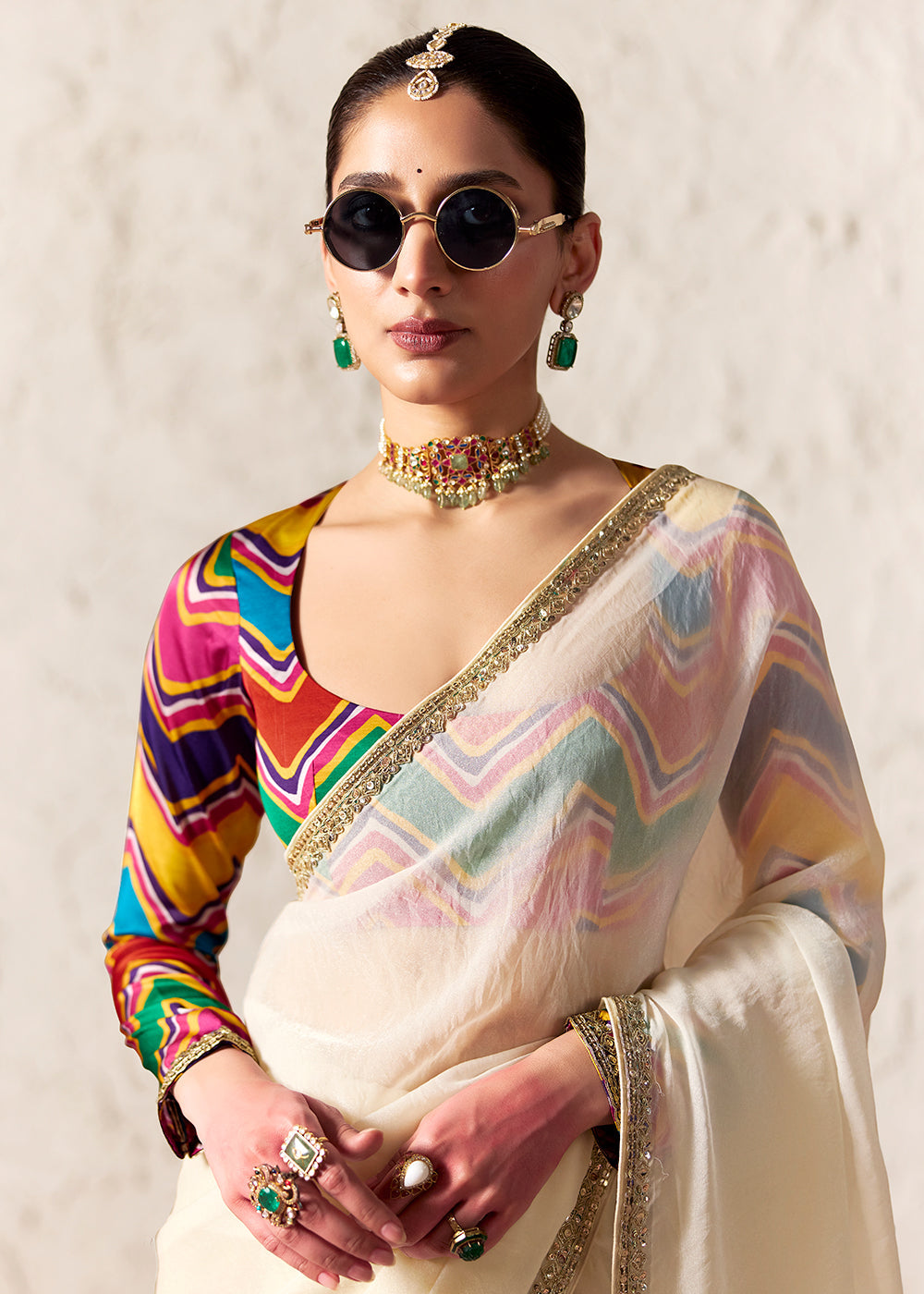 Off White Tissue Silk Designer Saree with Multicolour Blouse