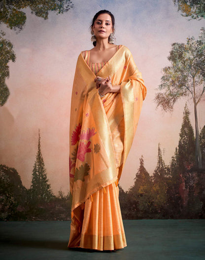 Pure Linen Silk Orange Saree with Weaving Work