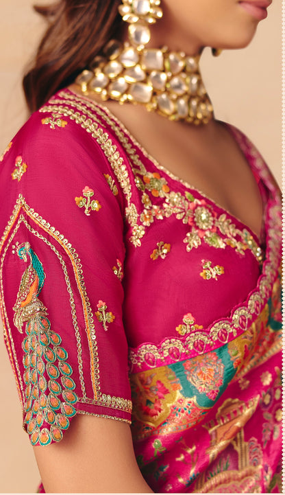 Rani Dola Silk Half Embroidery & Half Position Print Saree