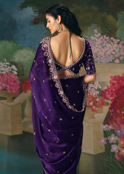 Deep Purple Soft Tissue Silk Heavy Blouse Designer Saree