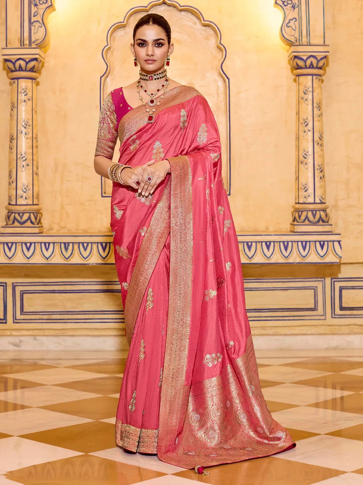 Peach Crepe Silk Soft Saree With Contrast Blouse