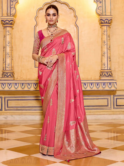 Peach Crepe Silk Soft Saree With Contrast Blouse