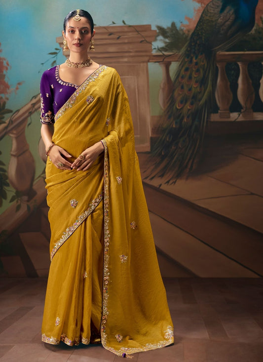 Mustard Yellow Tissue Silk Floral Zari Work Saree
