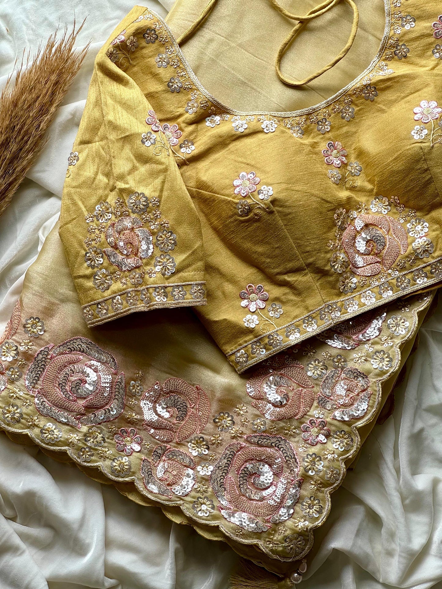Pineapple Light Yellow Rose Work Tissue Silk Sareee