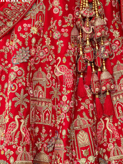 Red Raw Silk Bridal Wedding Lehenga Set With Heavy Net Dupatta