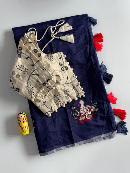 Chanderi Cotton Embroidered Saree with Readymade Blouse