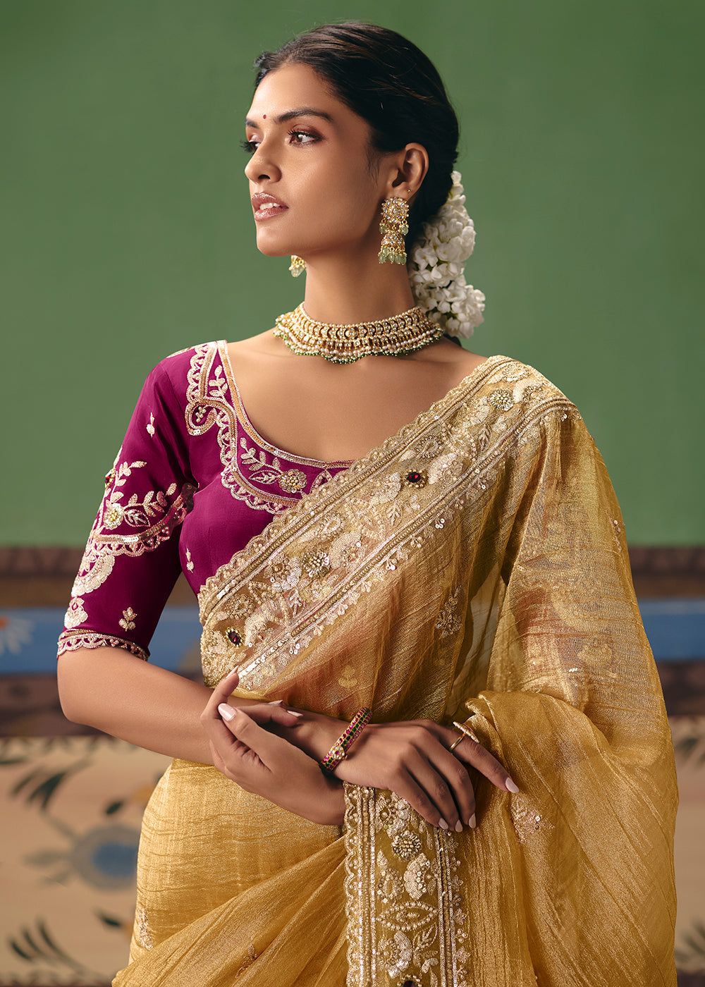 Yellow Crush Tissue Silk Heavy Border Designer Saree