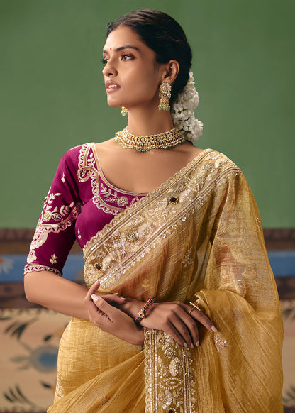 Yellow Crush Tissue Silk Heavy Border Designer Saree