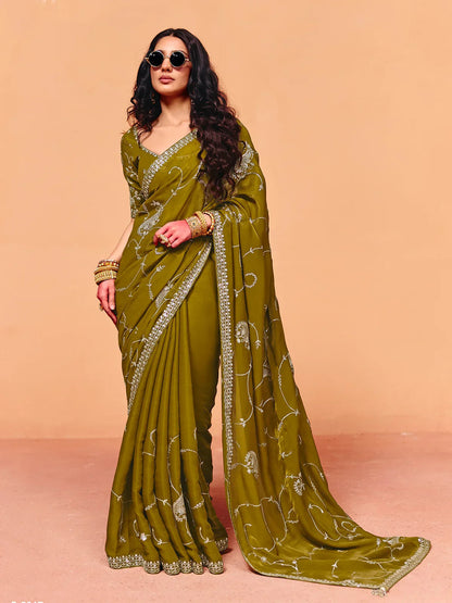 Olive Green Soft Tissue Silk Designer Saree
