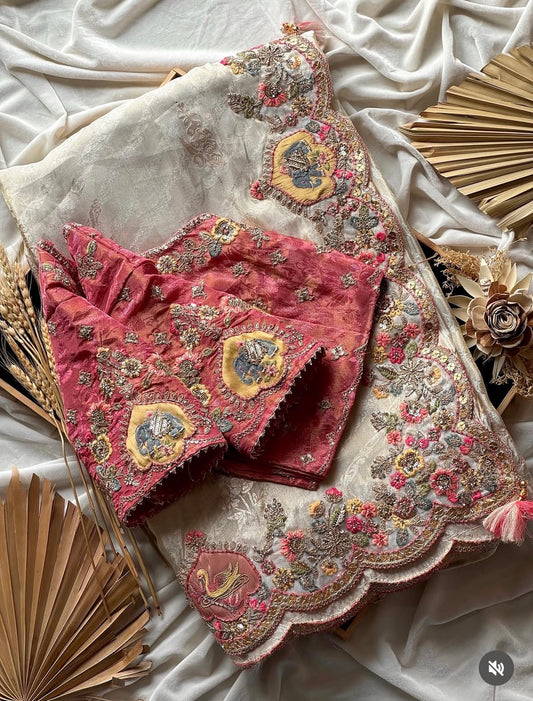 Cream Silk Traditional Saree with Silk Blouse & Embroidery Work