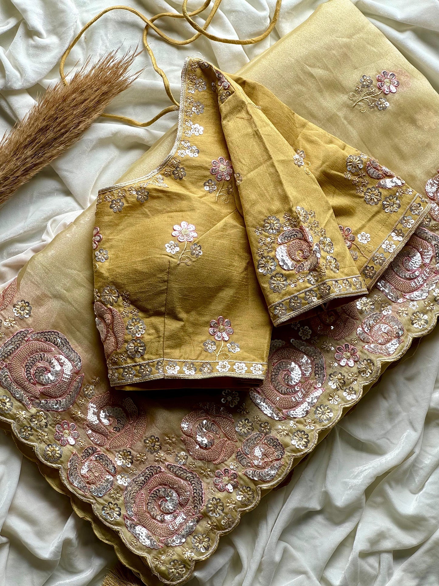 Pineapple Light Yellow Rose Work Tissue Silk Sareee