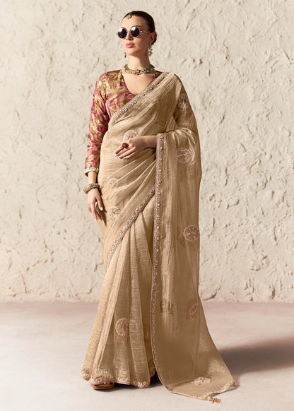 Sand Beige Organza Tissue Designer Saree