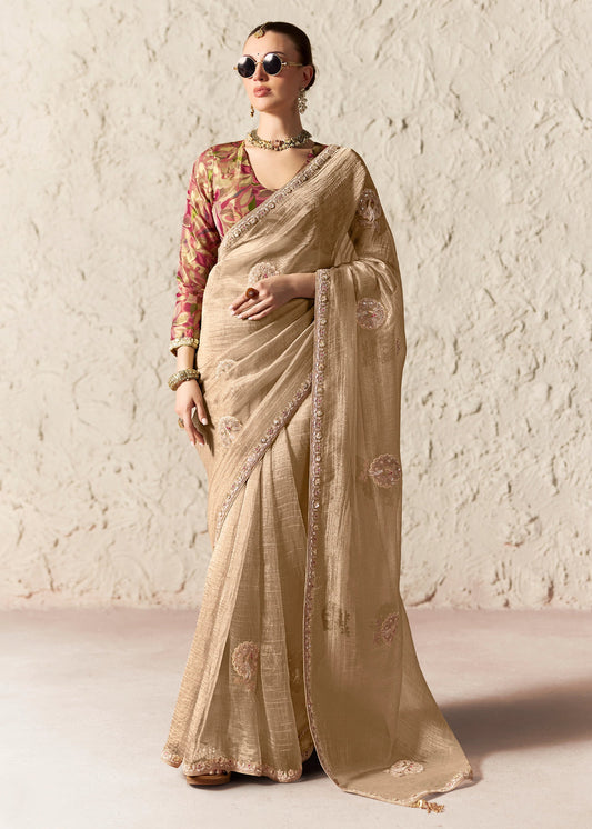 Sand Beige Organza Tissue Designer Saree