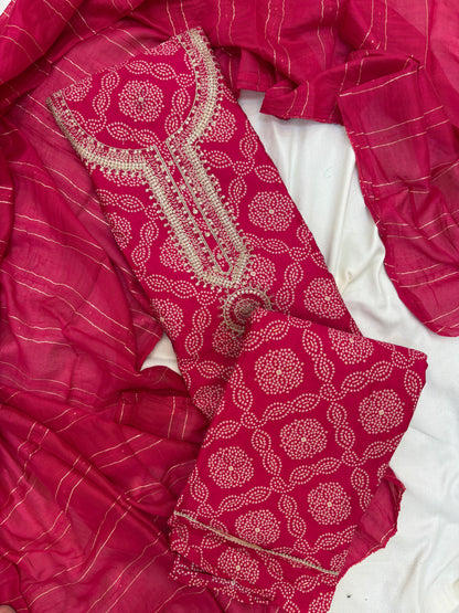 Zari Work with Chunri Print Unstitch Suit Set in Pink Color