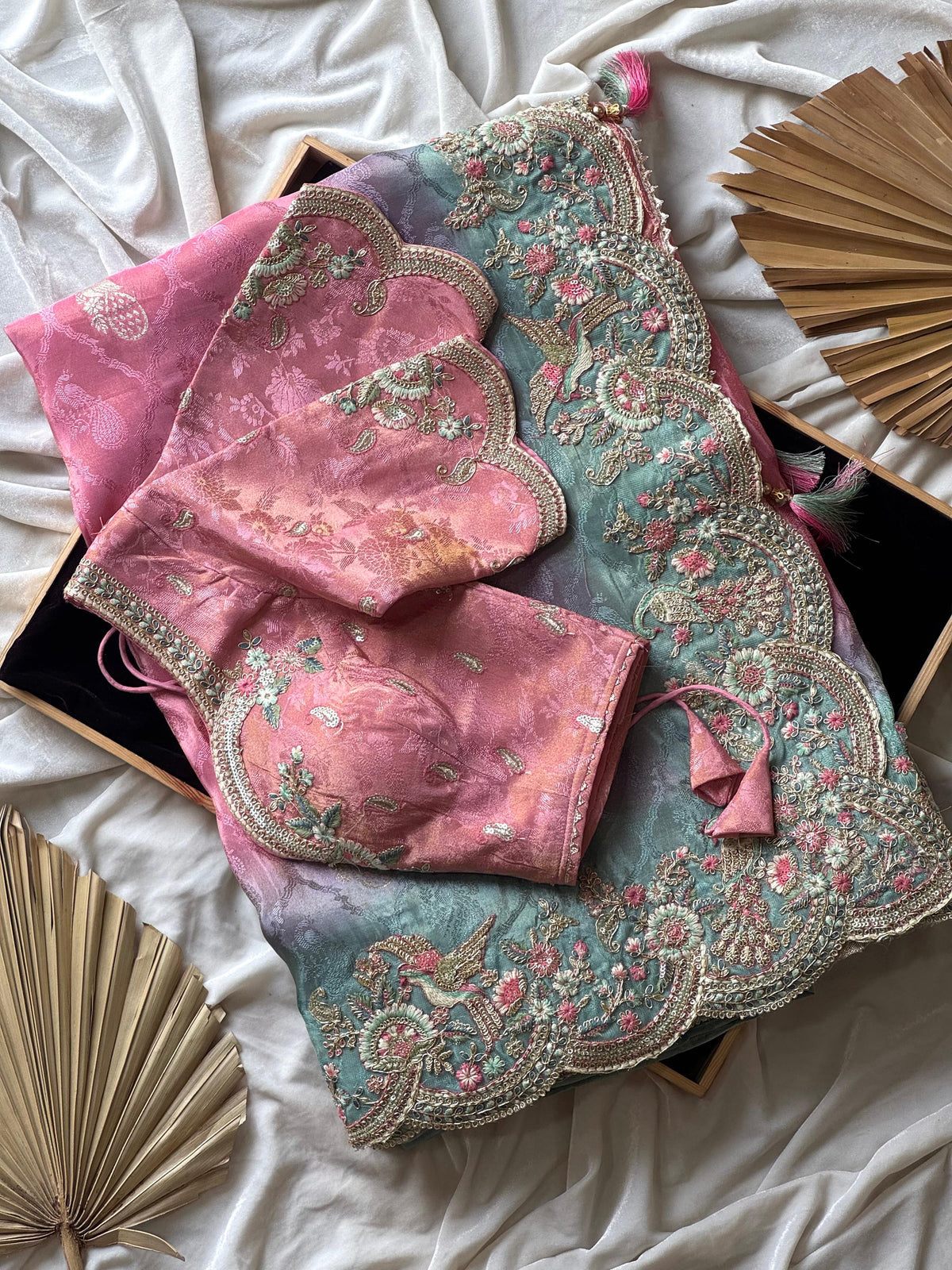 Dusty Rose Pink With Mint Green Border Zari Viscose Tissue Saree With Dusty Rose Blouse