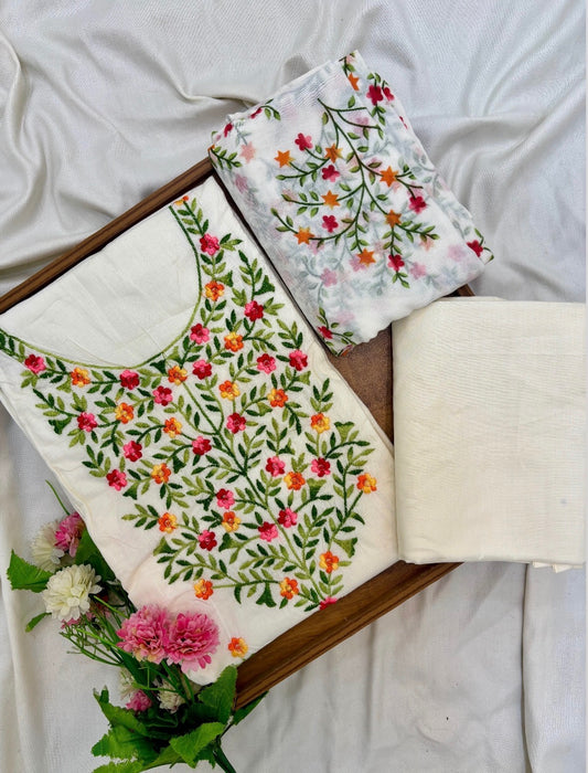 Off-White Floral Embroidery Unstitch Suit