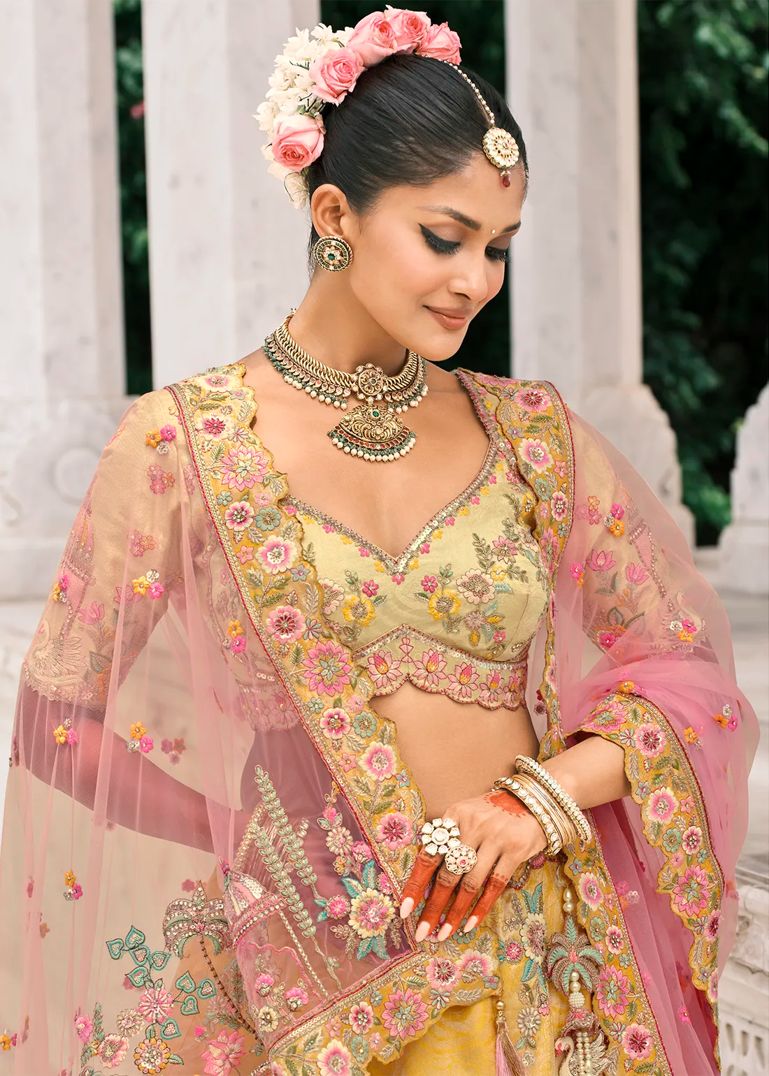 Pastel Yellow Silk Peacock Lehenga