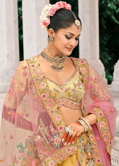 Pastel Yellow Silk Peacock Lehenga