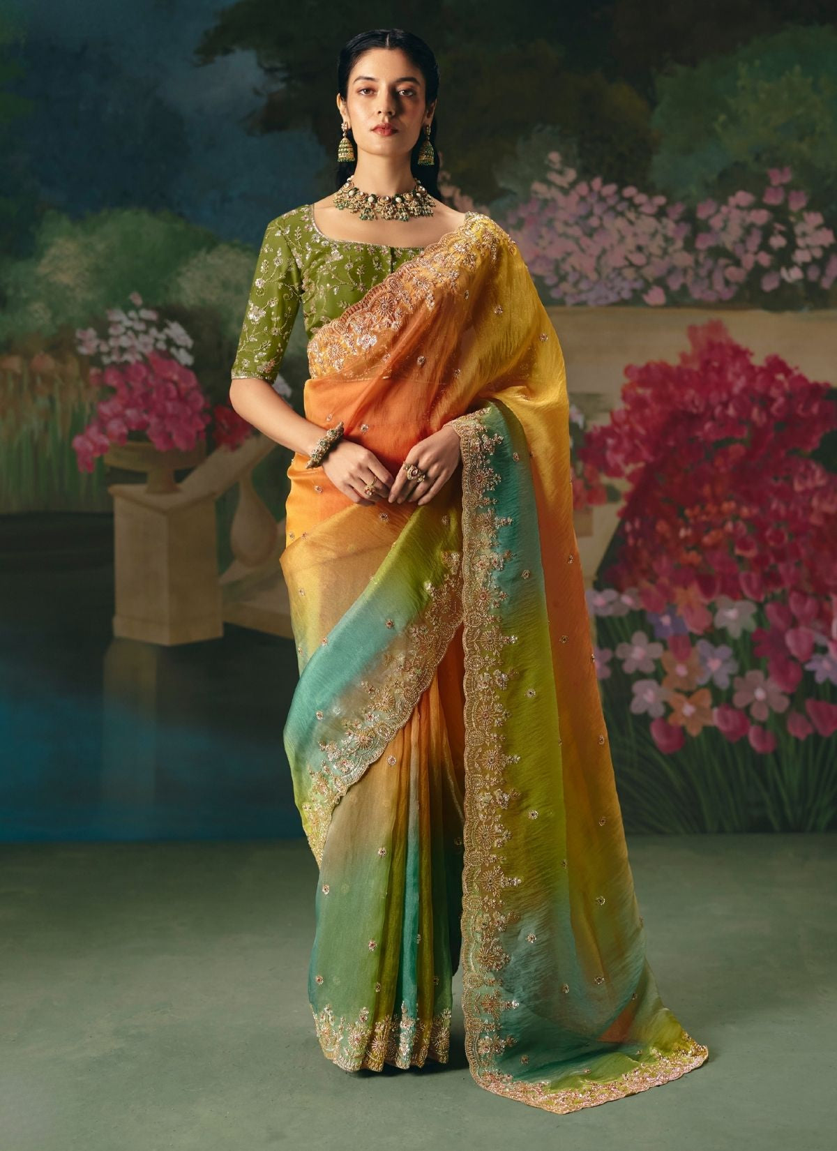 Orange & Green Soft Tissue Silk Designer Saree