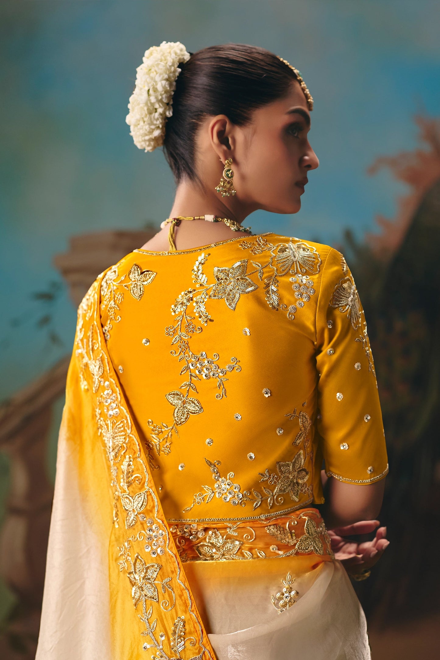 Ivory & Mustard Premium Gloss Tissue Silk Saree