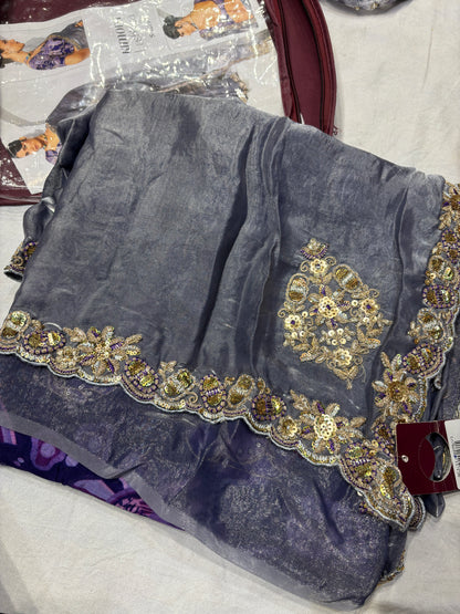 Grey Zari Tissue Saree with Printed Blouse