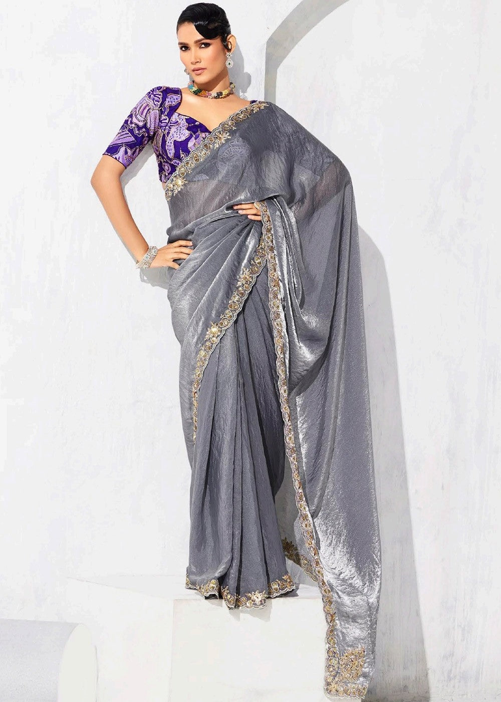 Grey Zari Tissue Saree with Printed Blouse