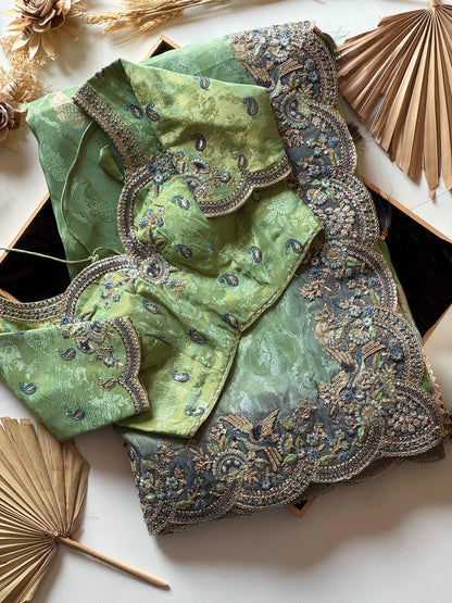 Leaf Green With Teal Blue Embroidered Border Zari Viscose Tissue Saree With Dusty Green Blouse