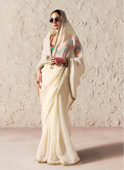 Off White Tissue Silk Designer Saree with Multicolour Blouse