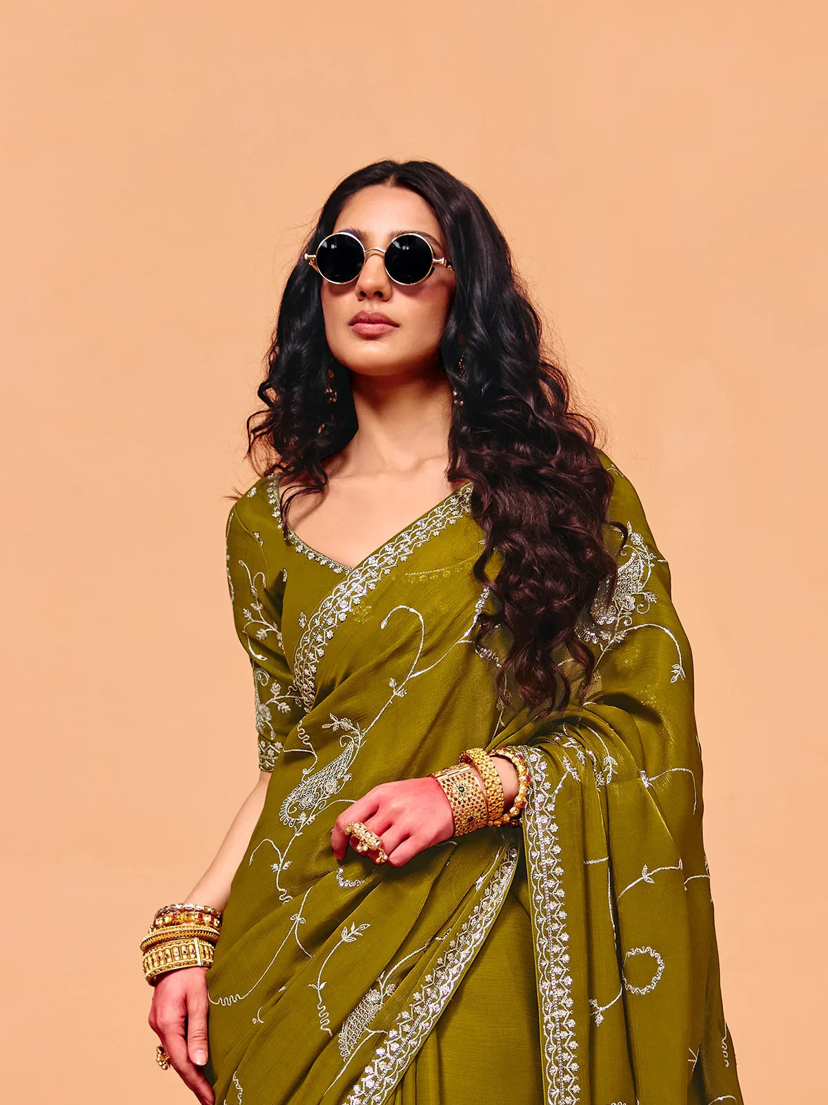 Olive Green Soft Tissue Silk Designer Saree