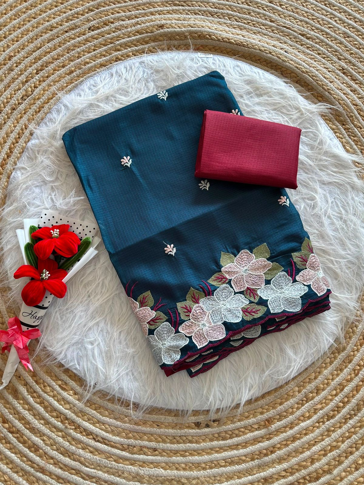 Soft Kota Doriya Saree with Embroidery Floral Work