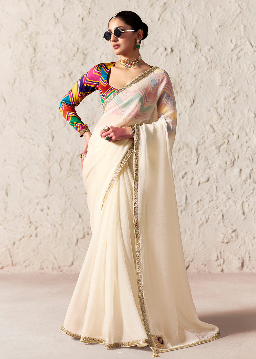 Off White Tissue Silk Designer Saree with Multicolour Blouse