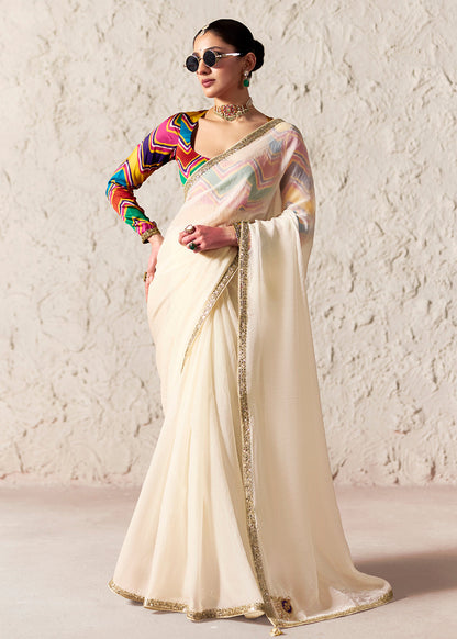 Off White Tissue Silk Designer Saree with Multicolour Blouse