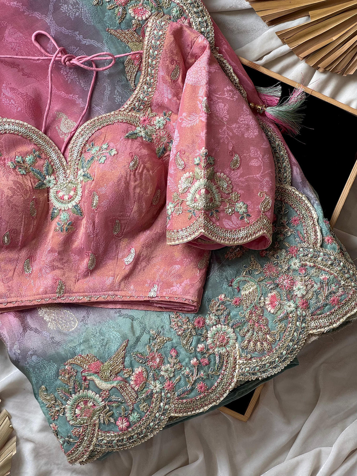 Dusty Rose Pink With Mint Green Border Zari Viscose Tissue Saree With Dusty Rose Blouse