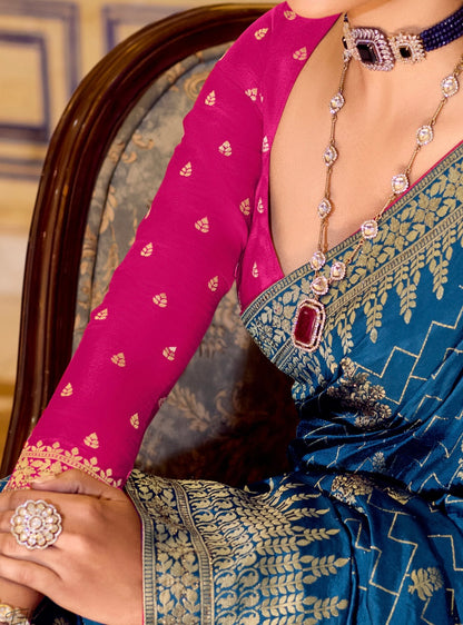 Blue Crepe Silk Soft Saree With Contrast Blouse