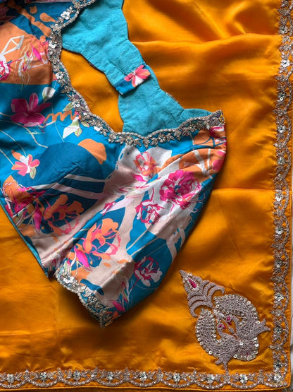 Mustard Yellow Tissue Organza Silk Designer Saree