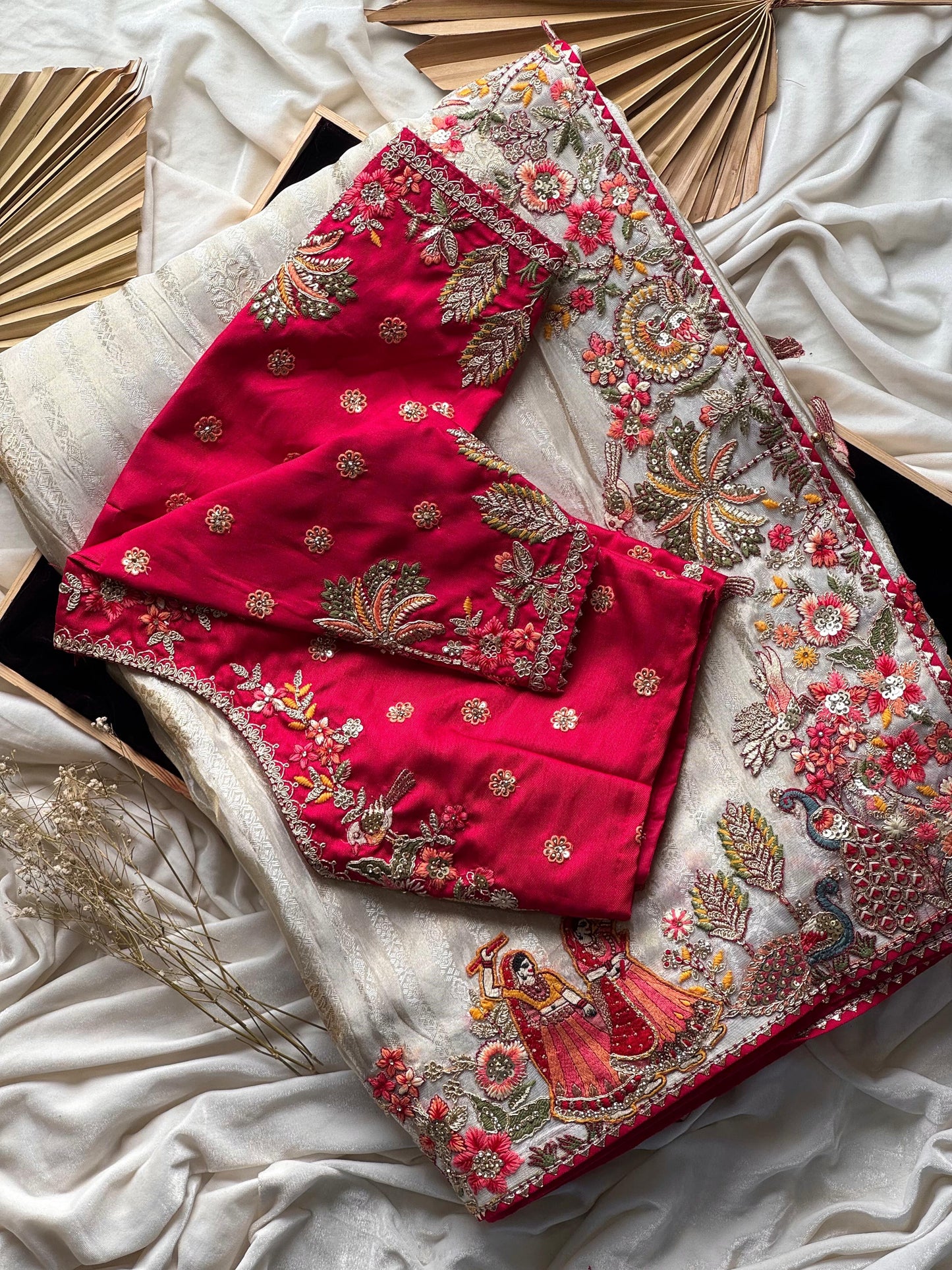 Creme Silk Traditional Saree with Maroon Heavy Blouse