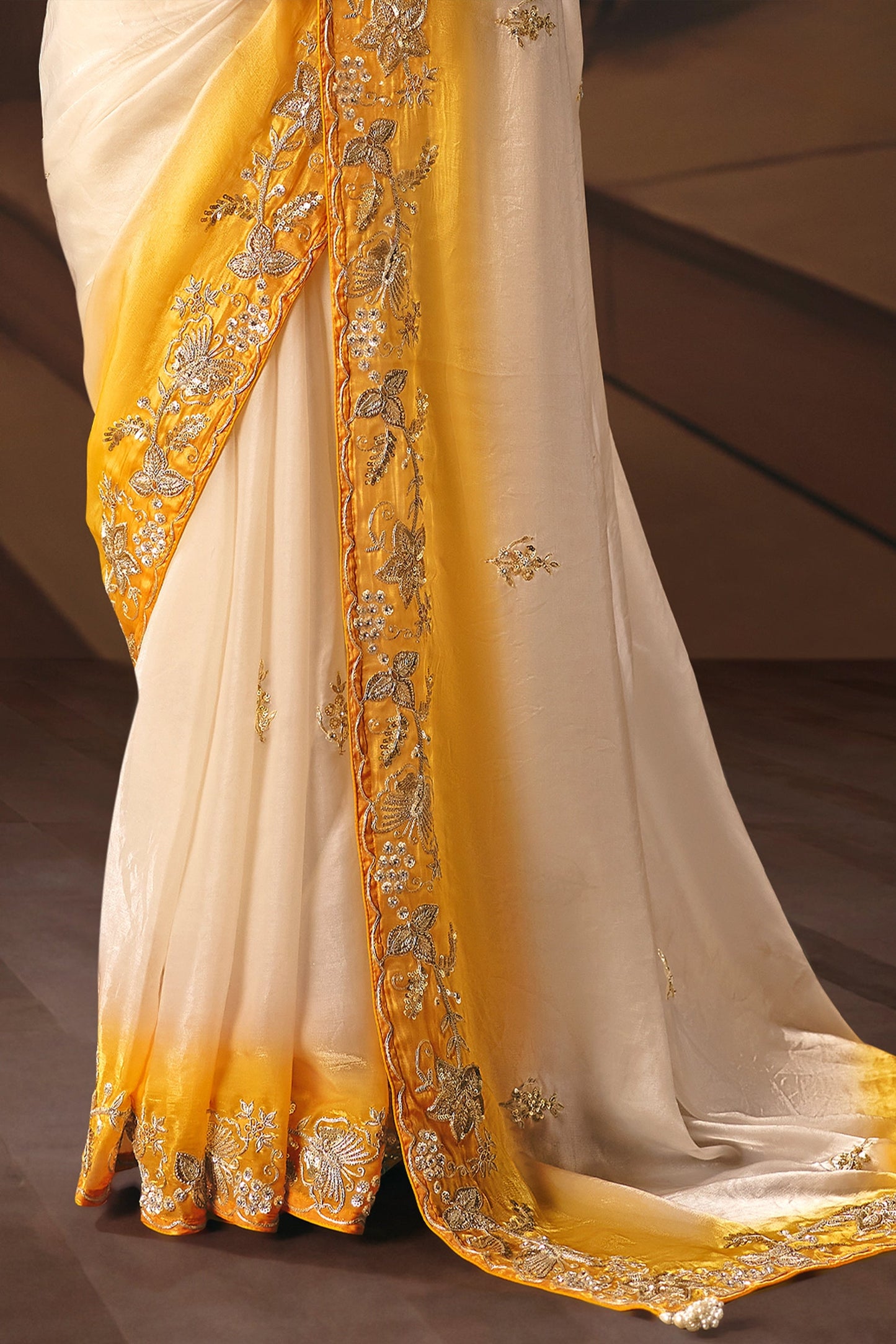 Ivory & Mustard Premium Gloss Tissue Silk Saree
