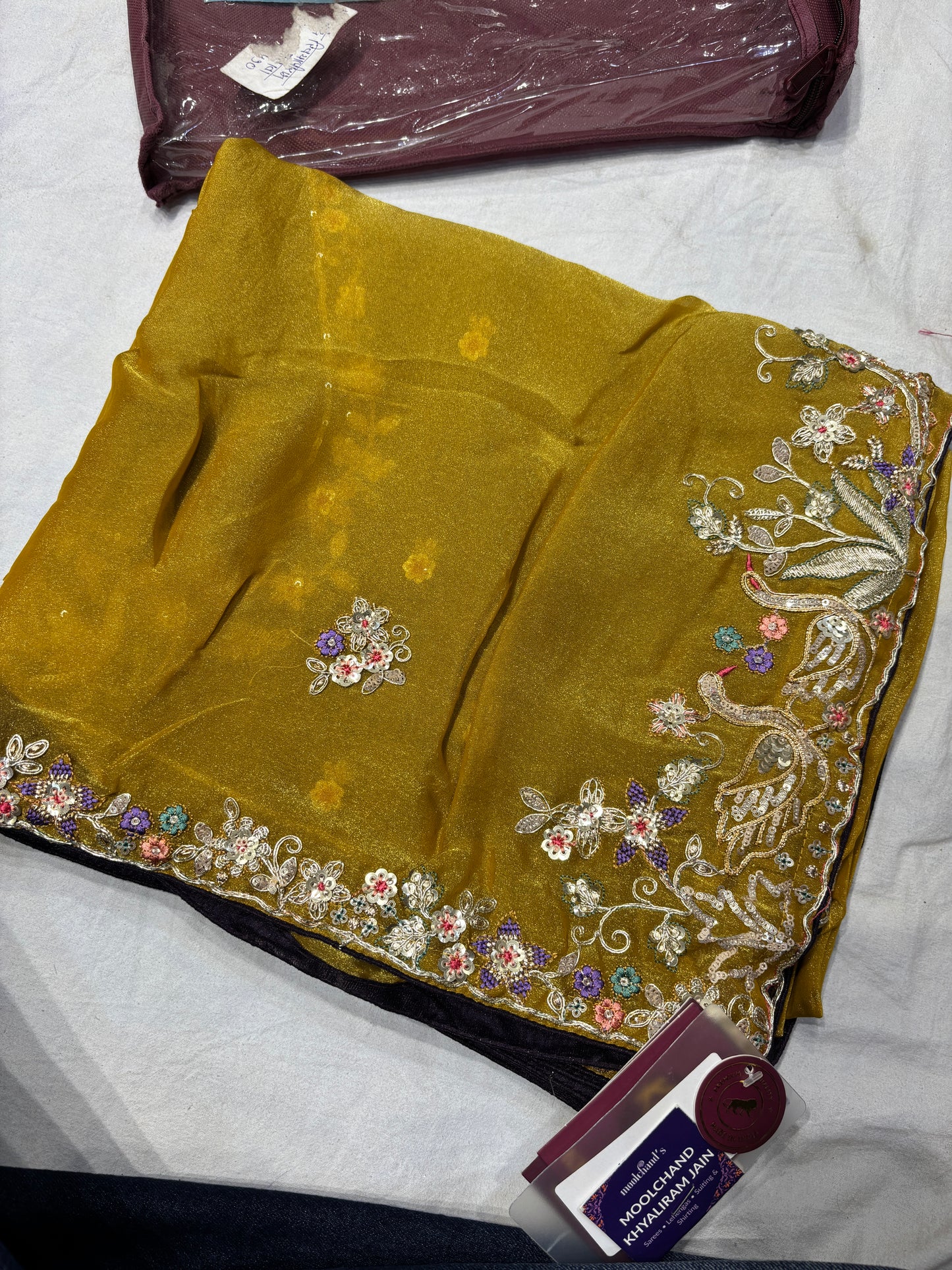Mustard Yellow Tissue Silk Floral Zari Work Saree