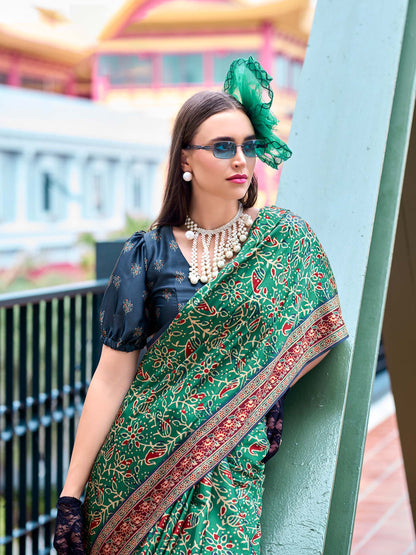 Green Satin Crepe Digital Printed Saree