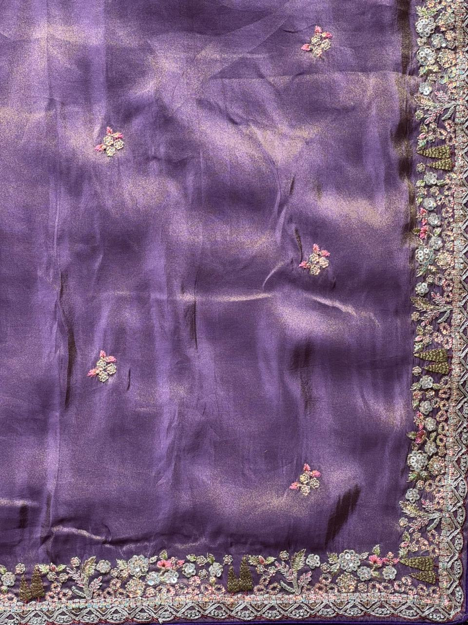 Lavender Tissue Silk Heavy Work Designer Saree with Readymade Blouse